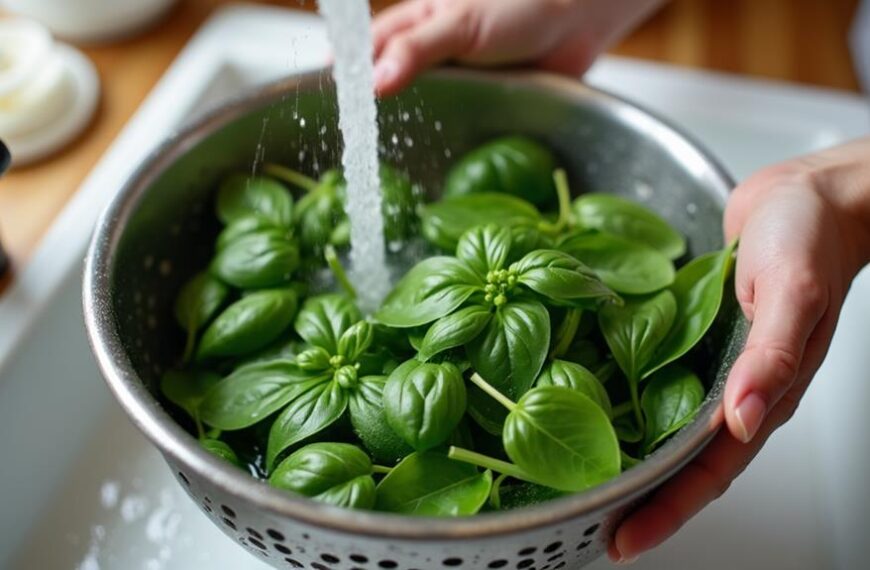 cleaning thai basil leaves